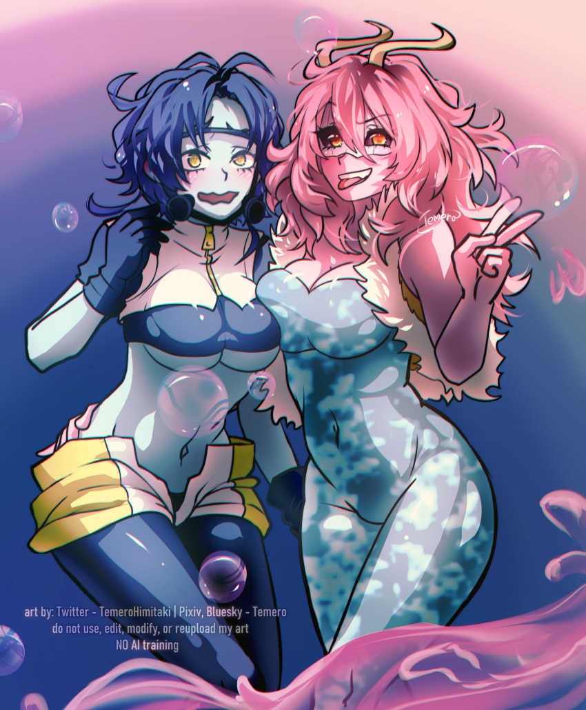 2girls, absurdres, ashido_mina, black_eyes, blue_hair, blue_skin, boku_no_hero_academia, bubble