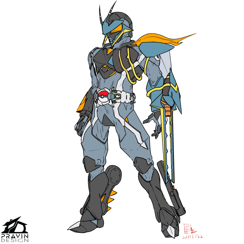 1boy, 2022, absurdres, antennae, arm_cannon, armor, arms_at_sides, artist_name