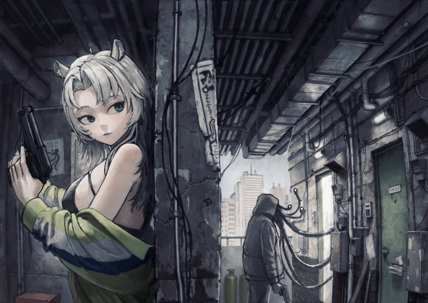 1boy, 1girl, absurdres, android, animal_ears, apartment, beretta_92, blue_eyes