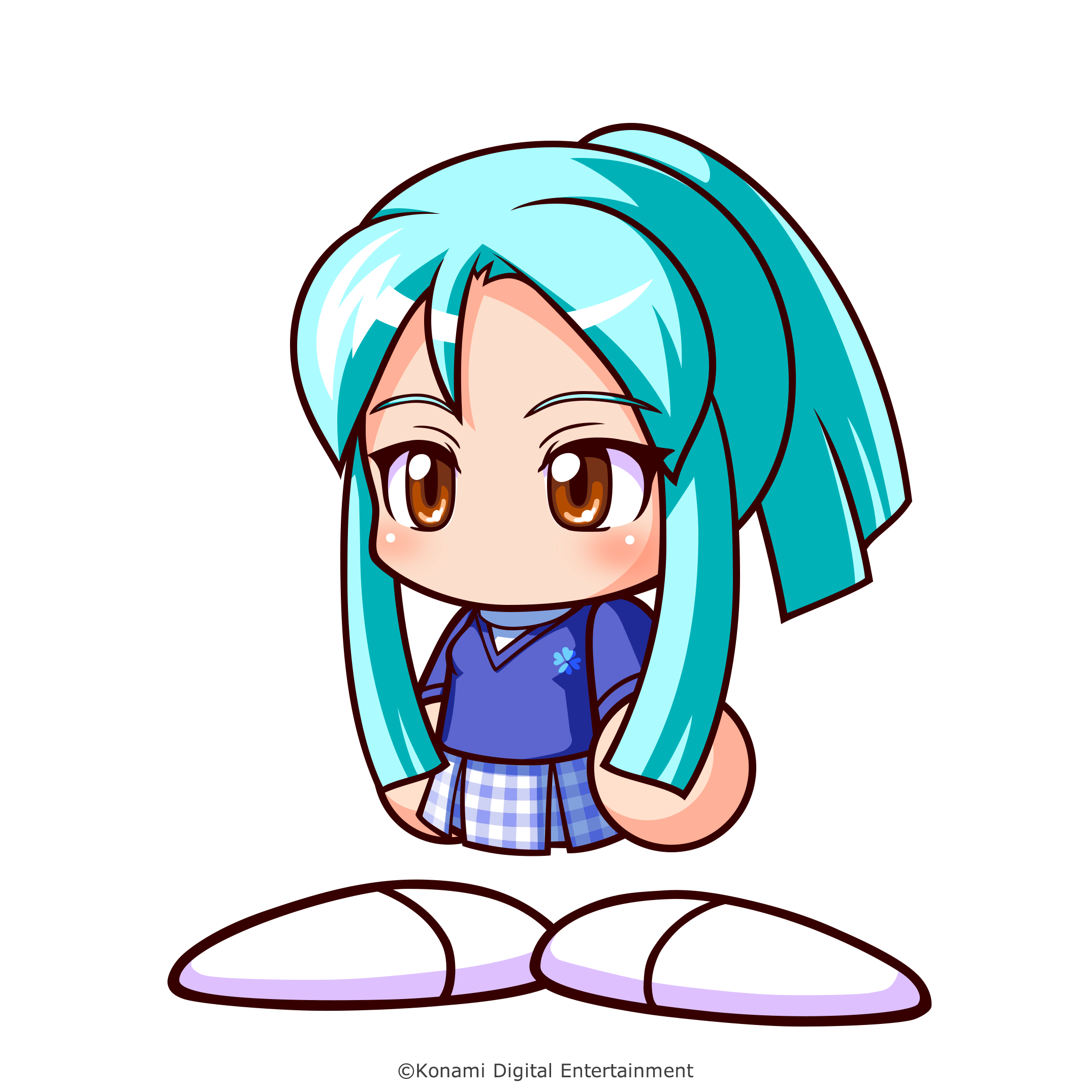 1girl, aqua_hair, artist_request, blue_vest, brown_eyes, copyright_notice, high_ponytail, highres, jikkyou_powerful_pro_yakyuu, jikkyou_powerful_pro_yakyuu_(style), no_mouth, official_art, plaid_clothes, plaid_skirt, ponytail, rayman_limbs, shirai_yuki_(pawapro), shirt, shoes, sidelocks, skirt, solo, vest, white_shirt, white_shoes