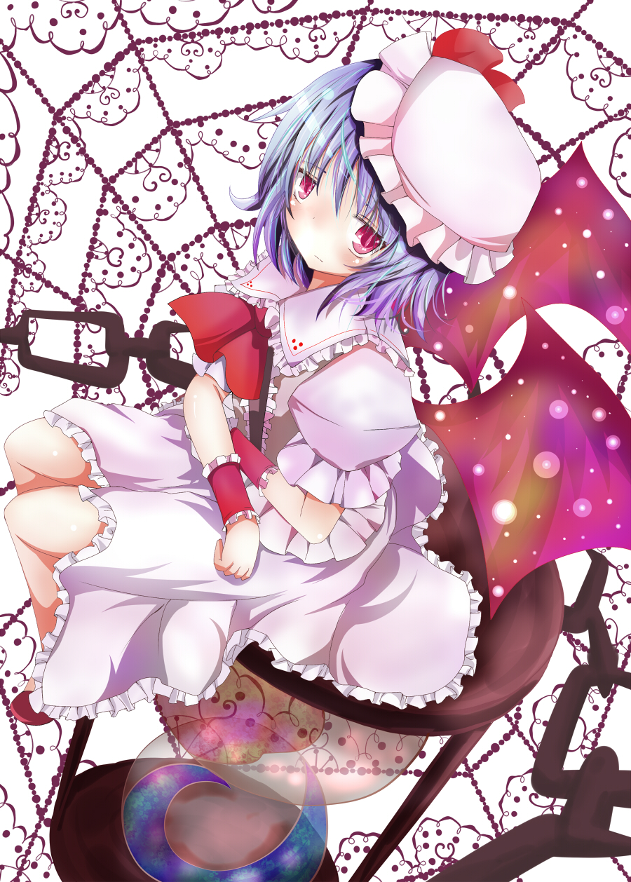 blush, dress, haru_ion, highres, remilia_scarlet, sitting, solo, touhou
