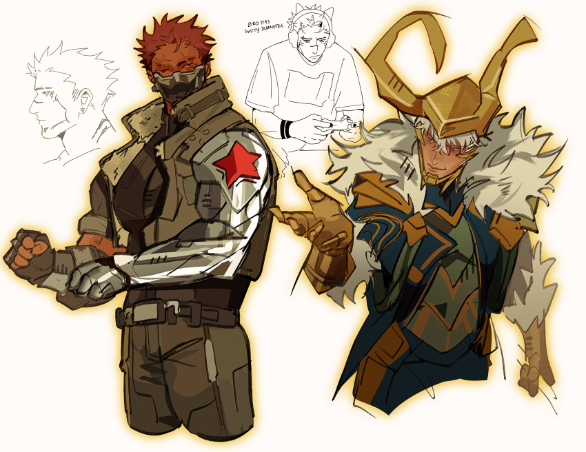 2boys, absurdres, alternate_costume, alternate_skin_color, asymmetrical_sleeves, belt, black_belt, black_shirt