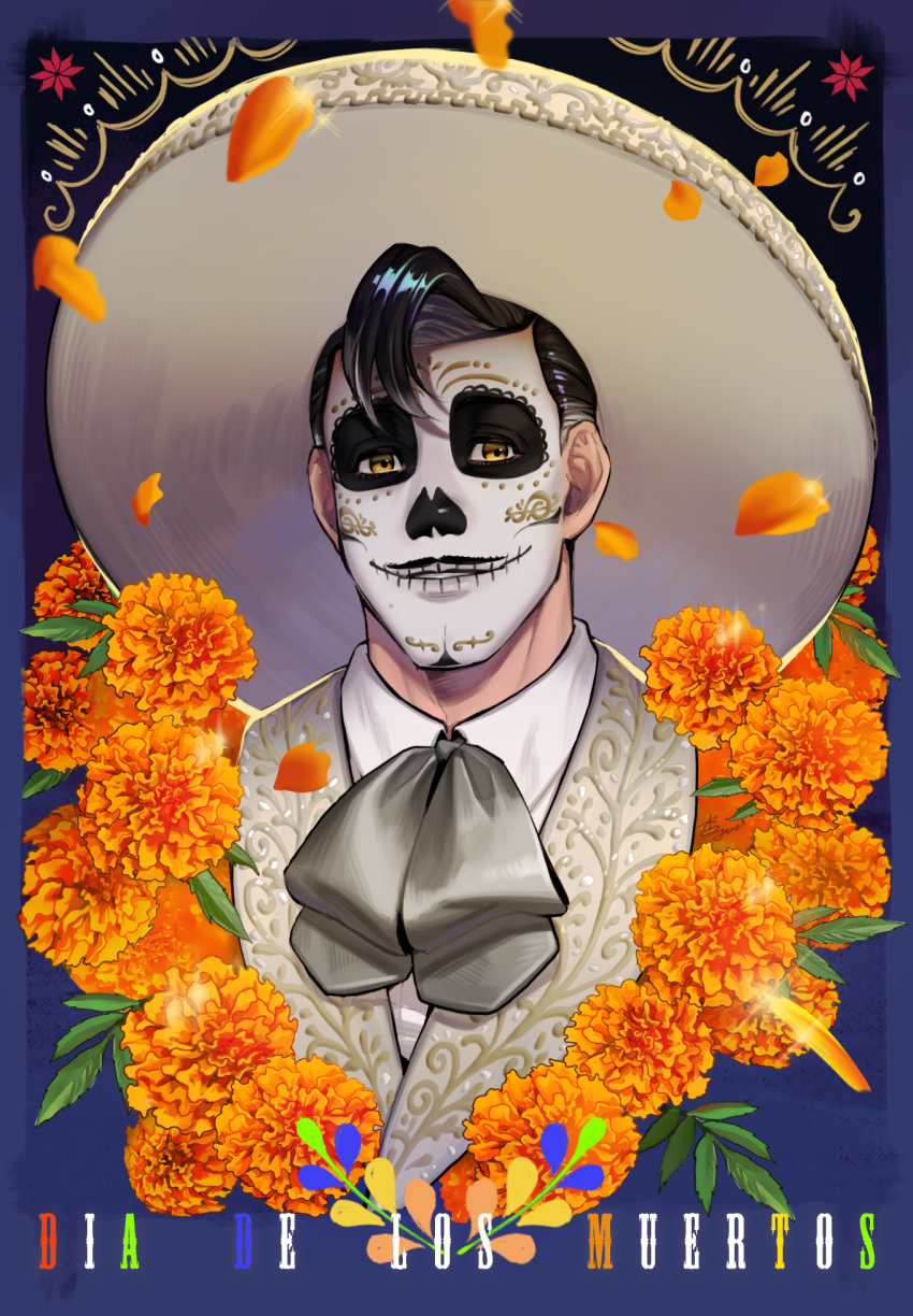 1boy, anzumame, ascot, beard_stubble, black_hair, cempoalxochitl, coco_(disney), commentary_request