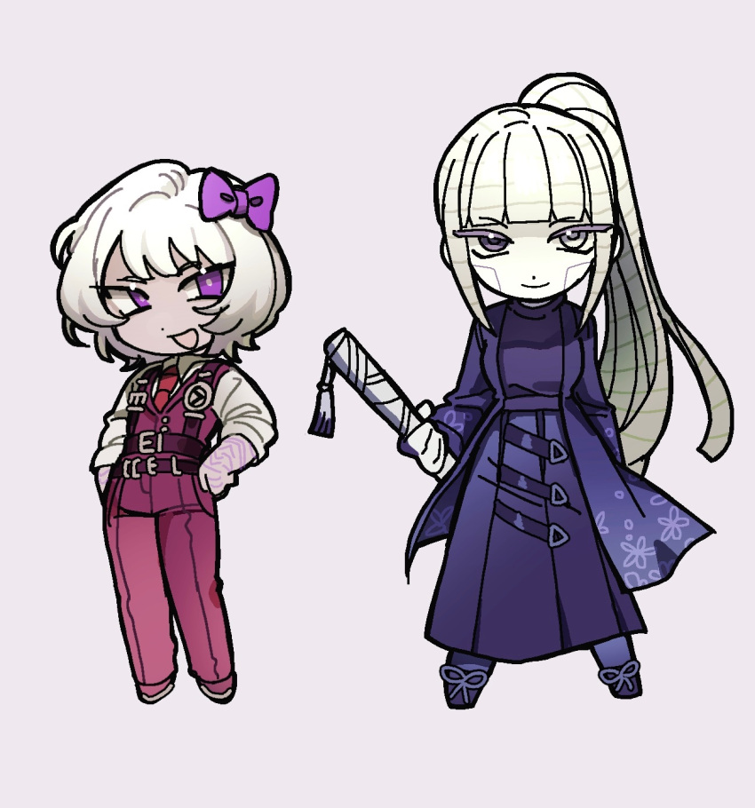 2girls, albina_(project_moon), black_hakama, black_shirt, blue_coat, bow, cable_hair, chest_harness