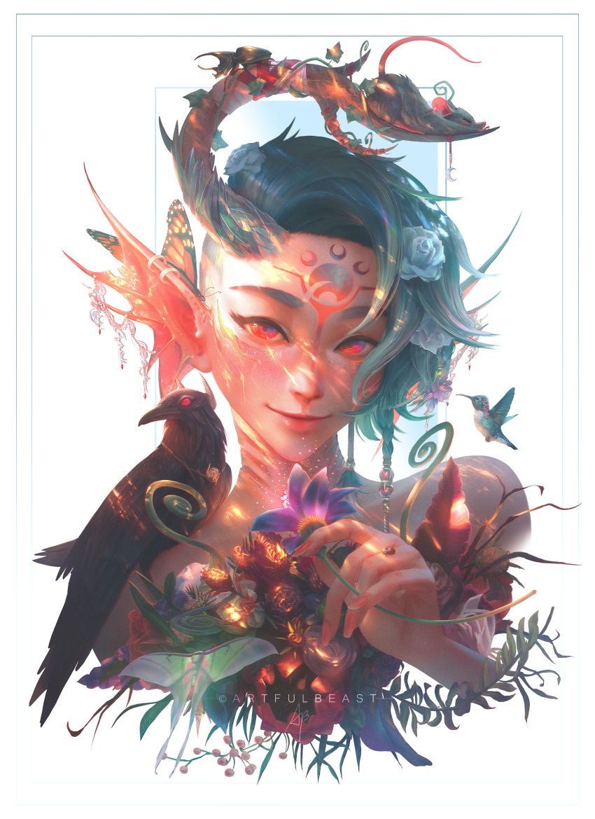 1girl, absurdres, artist_name, bare_shoulders, beetle, bird, bug, butterfly