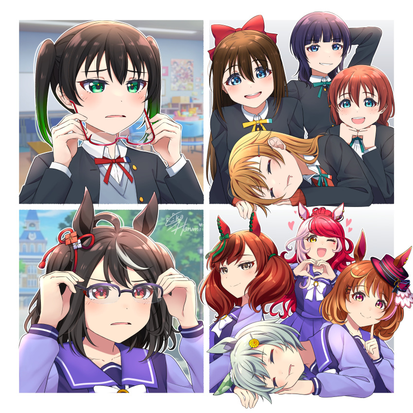 6+girls, absurdres, adjusting_eyewear, ahoge, animal_ears, asaka_karin, black_hair, black_jacket