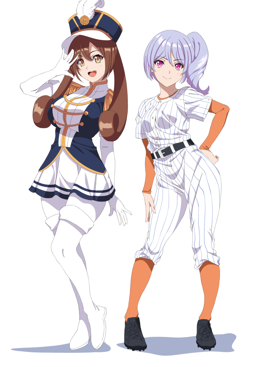 2girls, baseball_uniform, belt, black_belt, black_shoes, blue_jacket, boots, brown_hair