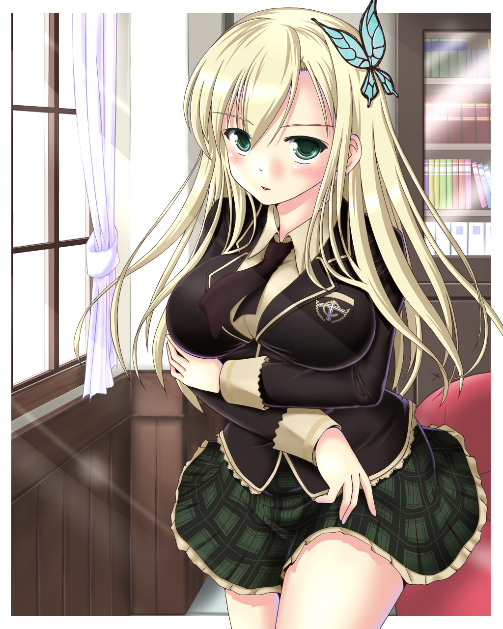 blonde_hair, boku_wa_tomodachi_ga_sukunai, breasts, butterfly, green_eyes, hair_ornament, highres, kashiwazaki_sena, large_breasts, school_uniform, skirt, twinbeers, twinpon