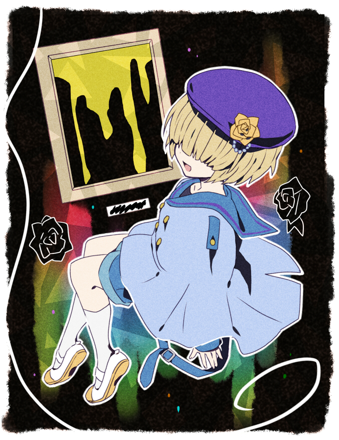 1boy, belt, beret, blonde_hair, blue_belt, blue_coat, coat, commentary