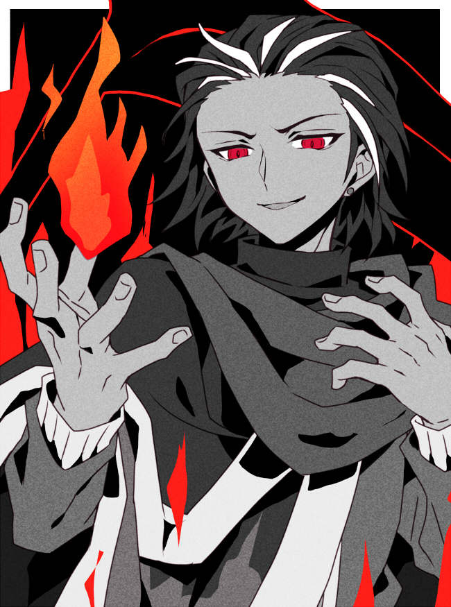 1boy, black_hair, coat, commentary, earrings, fire, higanbana_no_saku_yoru_ni, izanami_(higanbana)