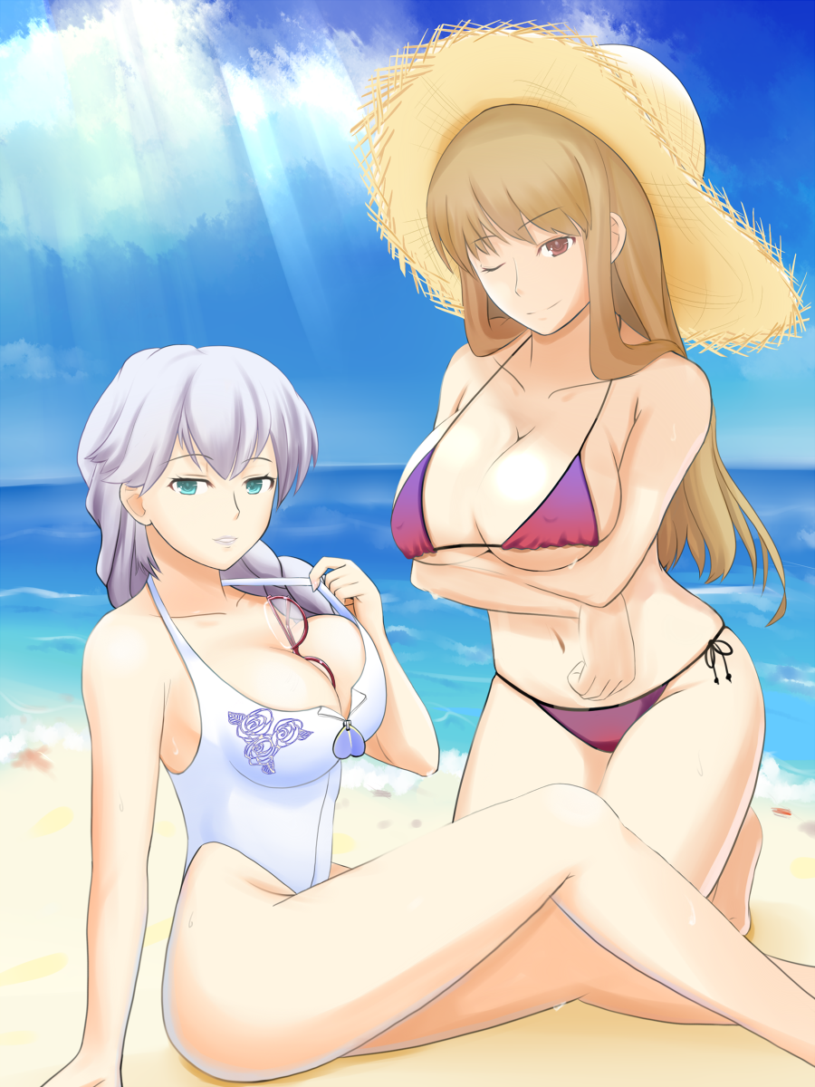 ar_tonelico, ar_tonelico_i, ar_tonelico_ii, battlegaregga, beach, between_breasts, bikini, breast_hold, breasts, brown_eyes, brown_hair, casual_one-piece_swimsuit, cleavage, cloud, crossed_arms, duo, female, glasses, glasses_removed, gust, hat, highleg, highleg_swimsuit, highres, large_breasts, legs, long_hair, long_legs, ocean, one-piece_swimsuit, reisha_truelywaath, side-tie_bikini, silver_hair, sky, spica_neal, straw_hat, sun, swimsuit, thighs, water, wink