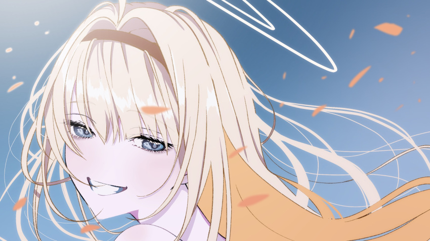 1girl, blonde_hair, blue_eyes, close-up, commentary_request, crymachina, enoa_(crymachina), guest_art