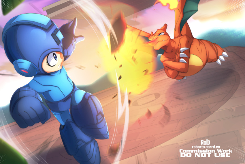 1boy, battle, blue_eyes, blue_helmet, charizard, commentary, commission, crossed_arms