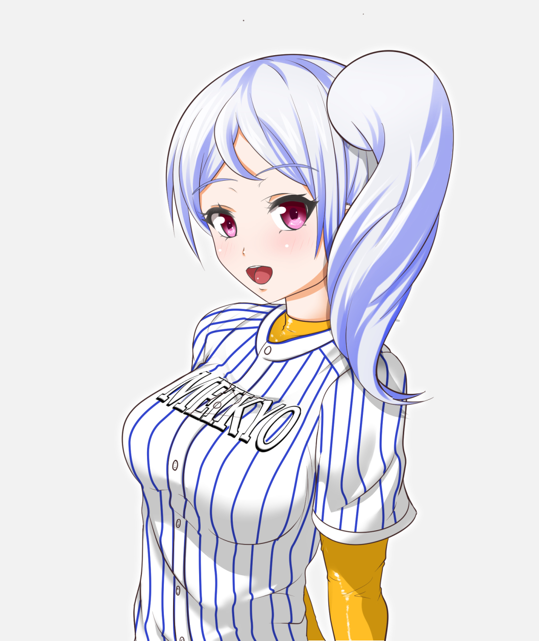 1girl, baseball_uniform, commentary_request, highres, jikkyou_powerful_pro_yakyuu, looking_at_viewer, one_side_up, open_mouth