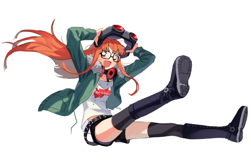 1girl, belt, black_belt, black_boots, black_shorts, black_thighhighs, boots, floating