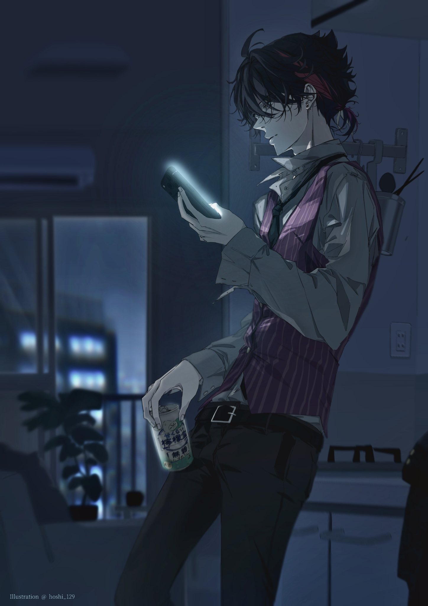 1boy, ahoge, air_conditioner, alternate_costume, beer_can, black_hair, black_pants, blurry
