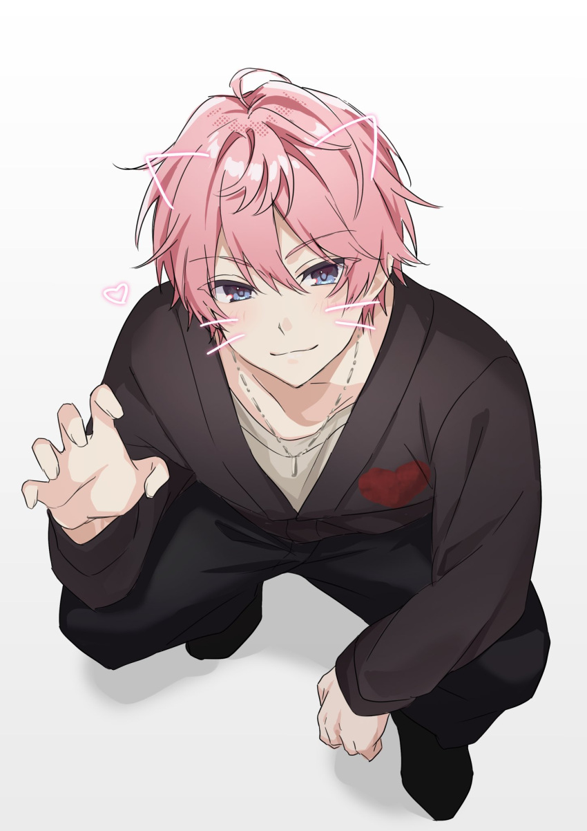 1boy, 9_v4ni, black_jacket, black_pants, blue_eyes, claw_pose, commentary, drawn_ears