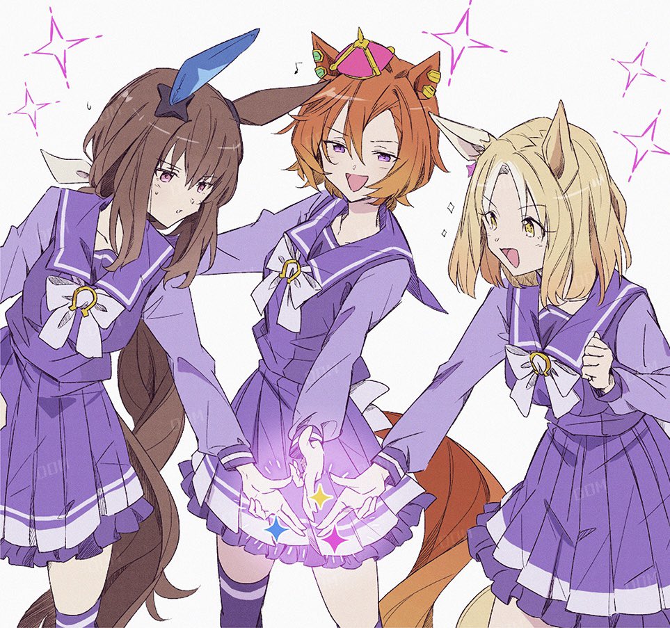 3girls, admire_vega_(umamusume), animal_ears, blonde_hair, breasts, brown_hair, chest_bow, clenched_hand