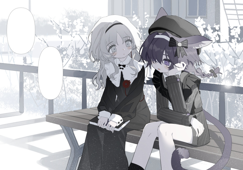 1cyaya1, 2girls, absurdres, animal_ears, bench, black_bow, black_coat, black_dress