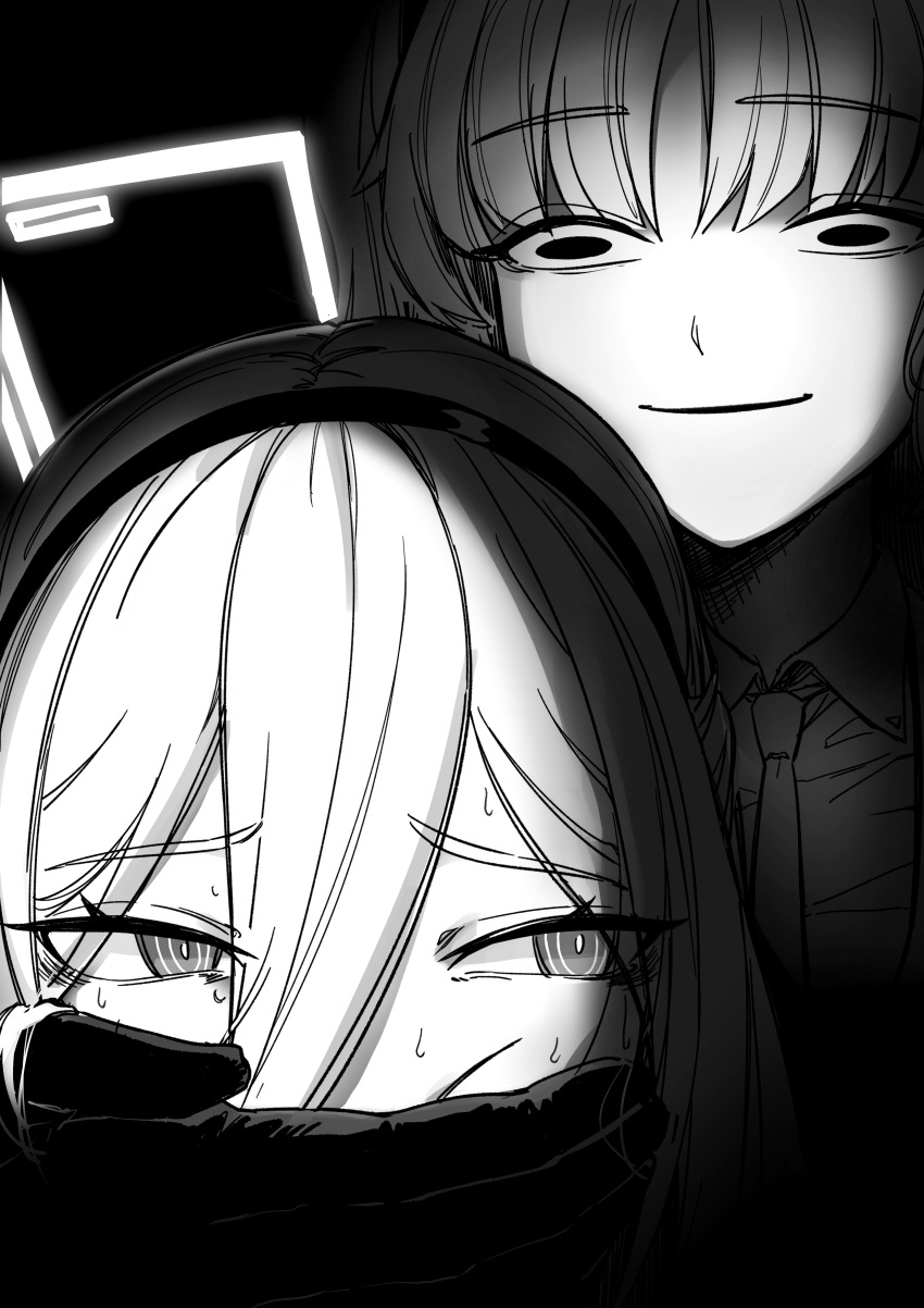 2girls, absurdres, black_background, blue_archive, closed_mouth, collared_shirt, commentary_request, daresuki_05, gloves, gregory_house_kidnap_a_child_(meme), greyscale, hair_between_eyes, hairband, halo, hand_on_another's_mouth, highres, kei_(blue_archive), kei_(new_body)_(blue_archive), korean_commentary, long_hair_between_eyes, meme, monochrome, multiple_girls, necktie, shirt, smile, sweat, yuuka_(blue_archive)