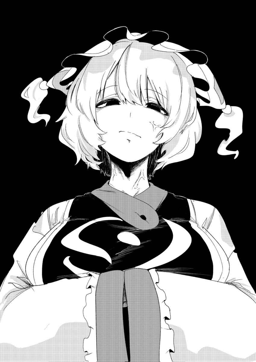 1girl, animal_ear_headwear, arms_under_breasts, black_background, breasts, commentary_request, dress, empty_eyes