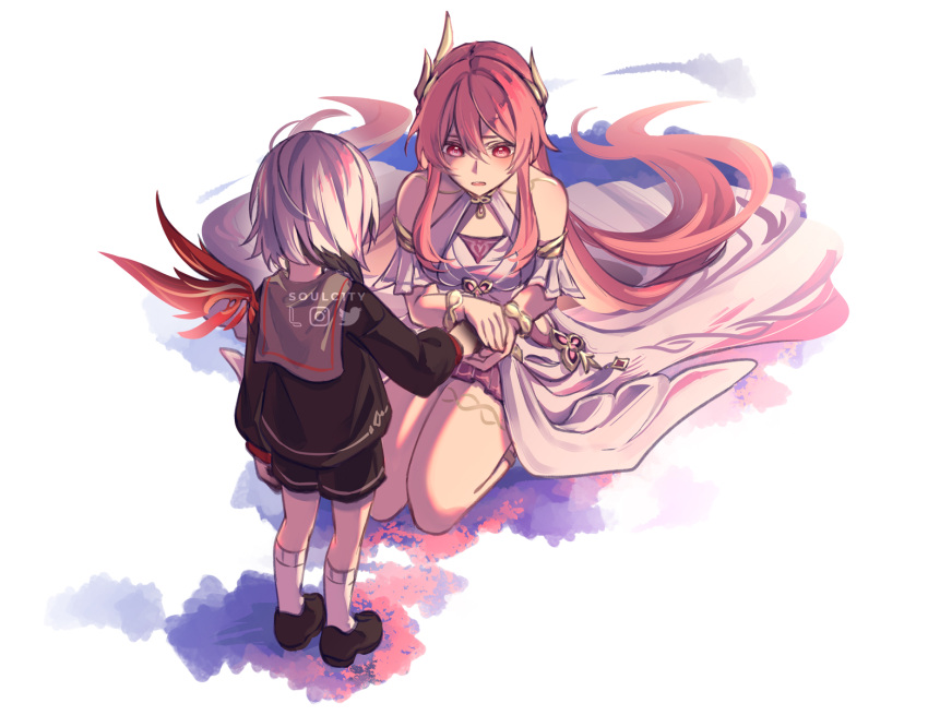 2girls, arlecchino_(genshin_impact), bare_shoulders, black_hair, black_jacket, black_shoes, black_shorts, commentary