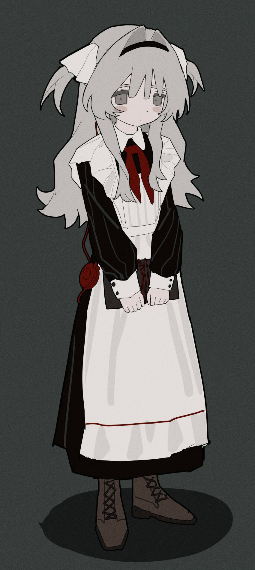 1cyaya1, 1girl, absurdres, apron, black_dress, blush_stickers, book, bow, bowtie, brown_shoes, commentary, dress, english_commentary, frown, full_body, grey_background, grey_eyes, grey_hair, highres, holding, holding_book, ino_(1cyaya1), long_dress, looking_at_viewer, original, red_bow, red_bowtie, shoes, simple_background, solo, white_apron