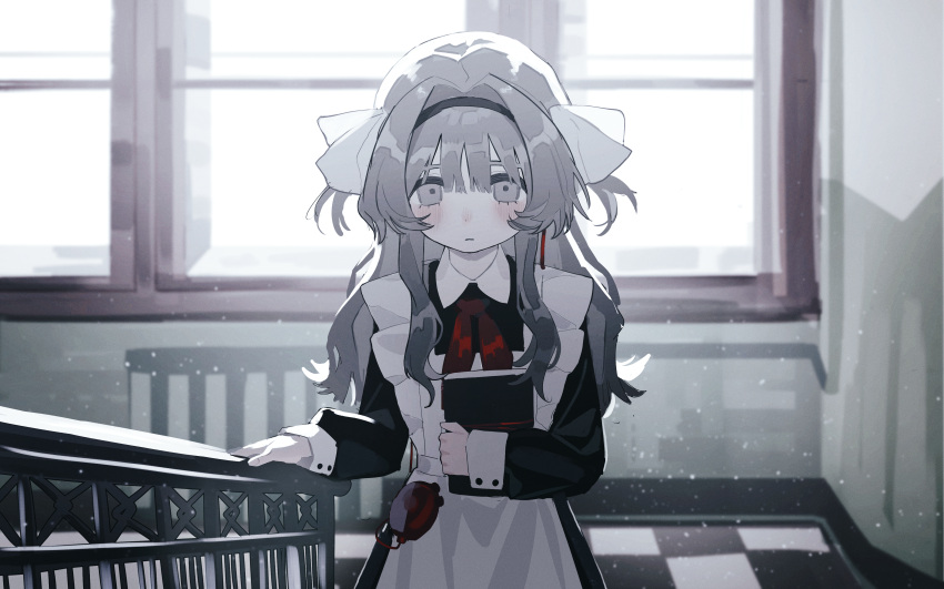 1cyaya1, 1girl, absurdres, apron, black_dress, black_hairband, blush, book, checkered_floor, commentary, dress, english_commentary, frown, grey_eyes, grey_hair, hairband, highres, holding, holding_book, indoors, ino_(1cyaya1), long_sleeves, looking_at_viewer, necktie, original, railing, red_necktie, sidelocks, solo, two_side_up, upper_body, white_apron, window