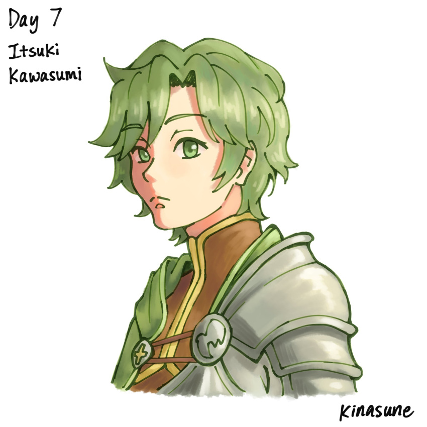 1boy, alternate_hair_color, armor, artist_name, brown_tunic, cape, character_name, collared_tunic