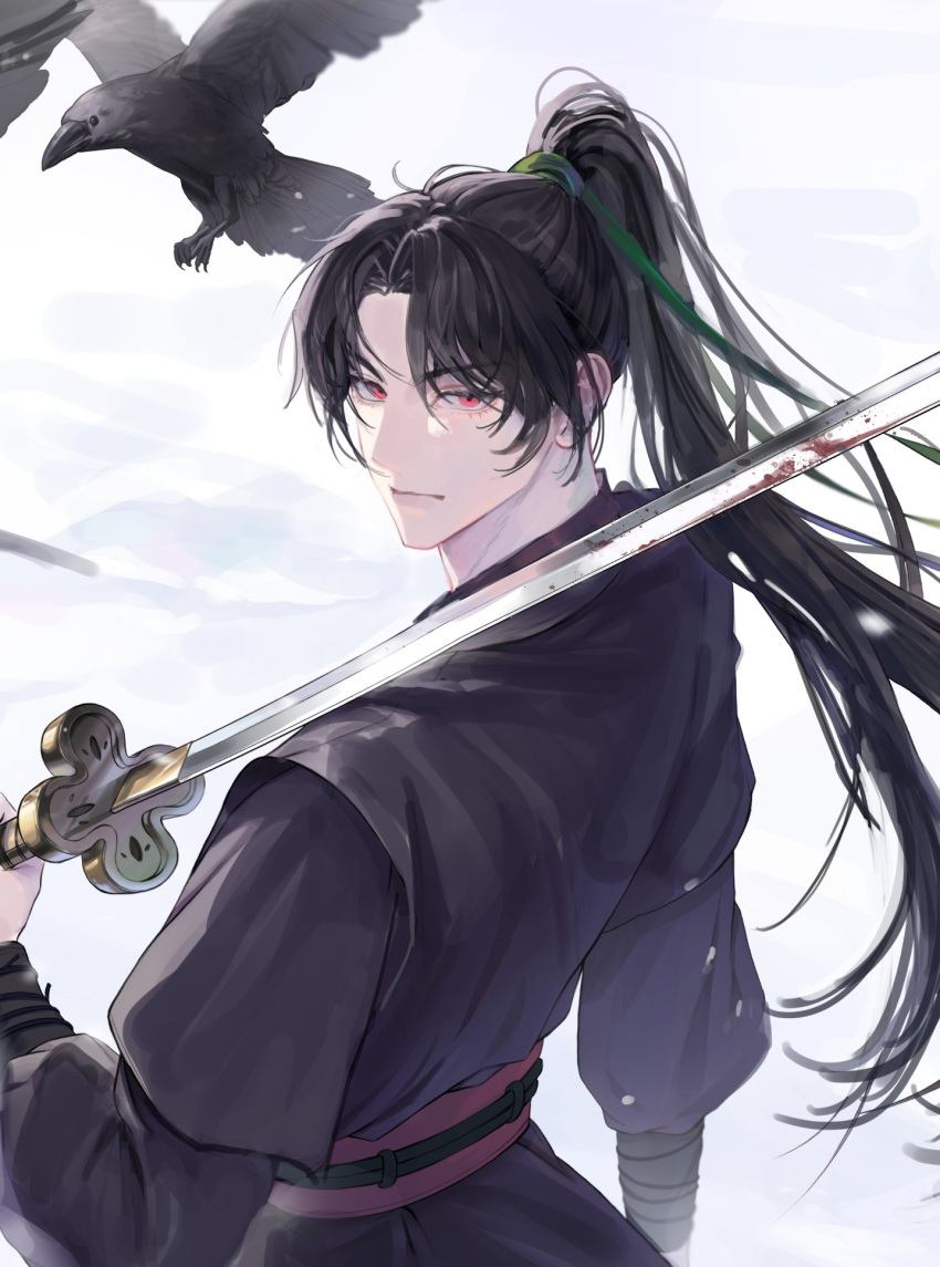 1boy, bird, black_hair, black_robe, blood, blood_on_weapon, cheongmyeong_(return_of_the_mount_hua_sect), cropped_torso
