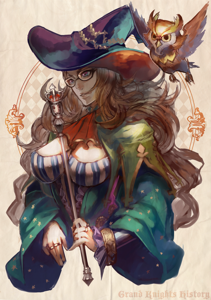 bird, blonde_hair, blue_eyes, breasts, brown_hair, cleavage, cravat, curly_hair, fantasy, glasses, grand_knights_history, h@ruichi, hat, jewelry, large_breasts, long_hair, muse_cromwell, owl, ring, scarf, scepter, wand, watermark, witch_hat