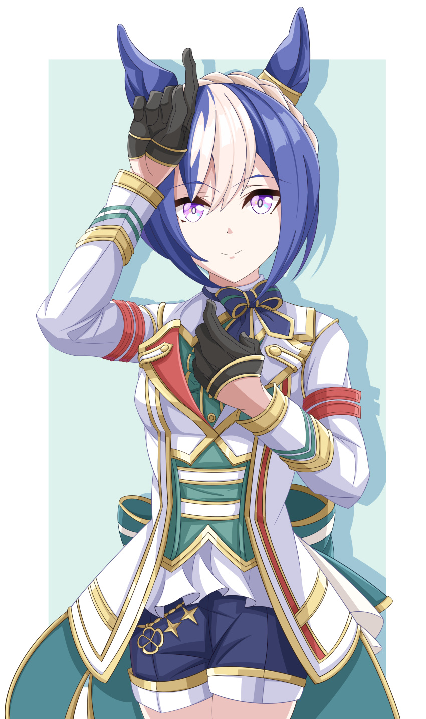 1girl, absurdres, animal_ears, black_gloves, blue_bow, blue_hair, blue_shorts, bow