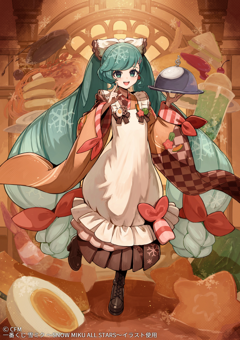 1girl, apron, boots, brown_boots, commentary_request, earpiece, egg, fork_hair_ornament