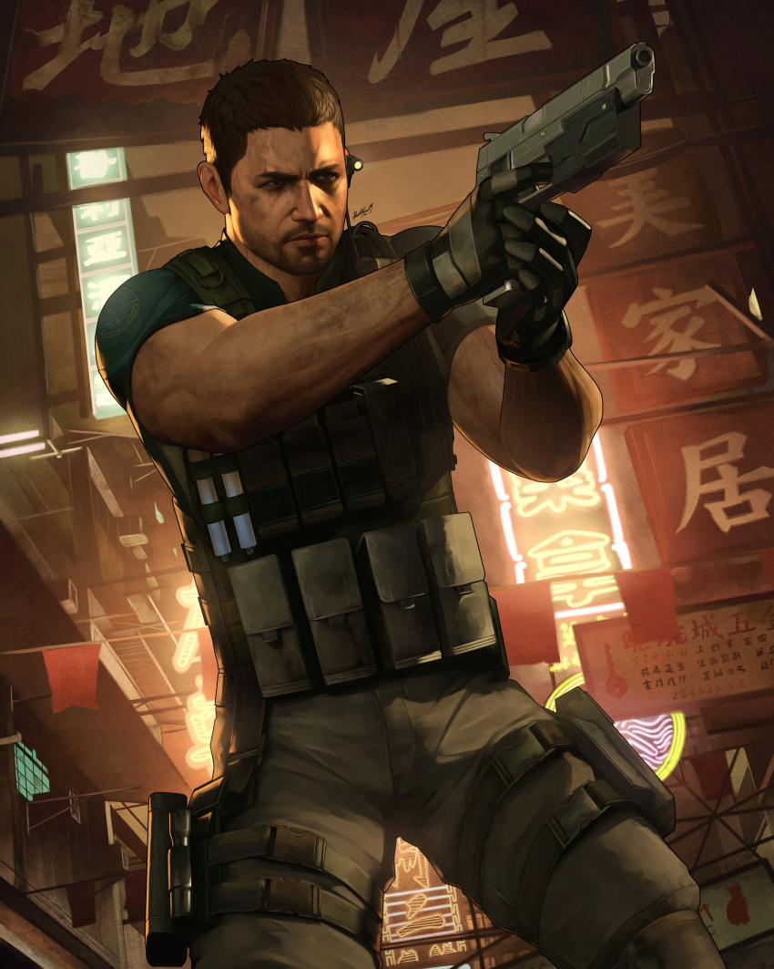 1boy, absurdres, ammunition_pouch, beard_stubble, brown_hair, bulletproof_vest, chris_redfield, city_lights