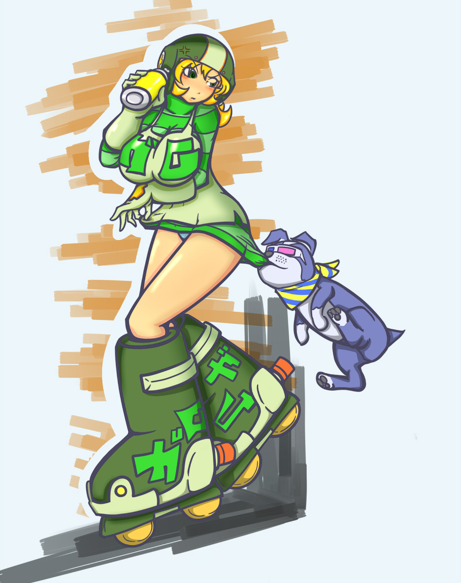 artist_request, blush, breasts, cleavage, dog, gloves, green_eyes, gum_(jsr)