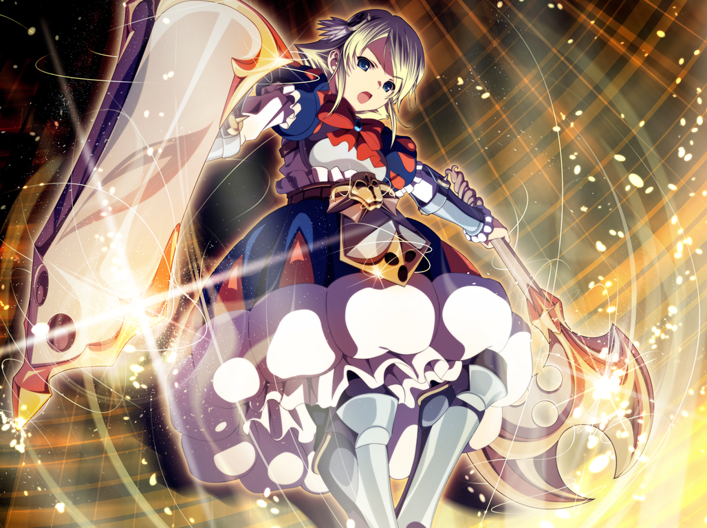 1girl, axe, blonde_hair, blue_dress, blue_eyes, breasts, demonion_ii:_maou_to_sannin_no_joou, dress