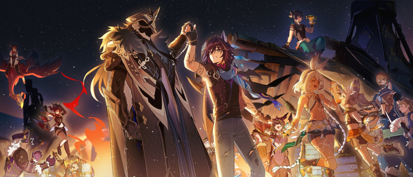 6+boys, 6+girls, :d, ^^^, ^_^, aiguillette, ajaw_(genshin_impact), alcohol