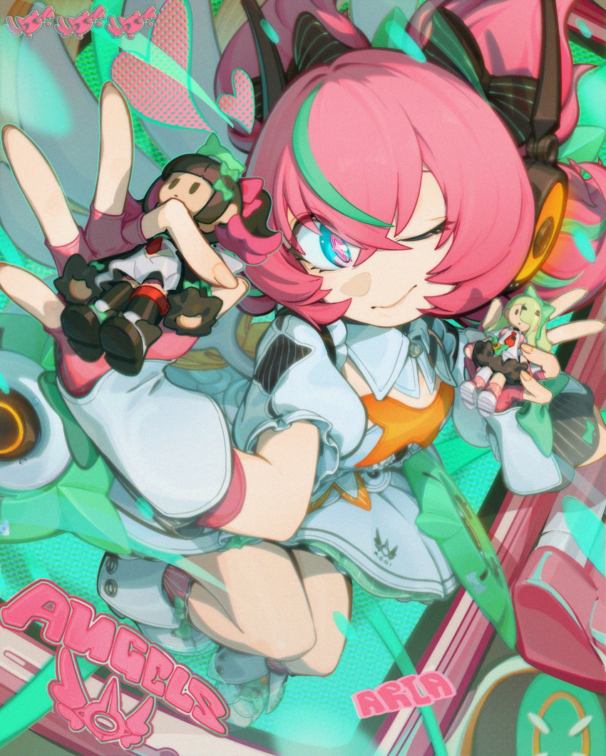 1girl, arms_up, black_bow, blue_eyes, bow, character_doll, character_name, chinatsu_remiel