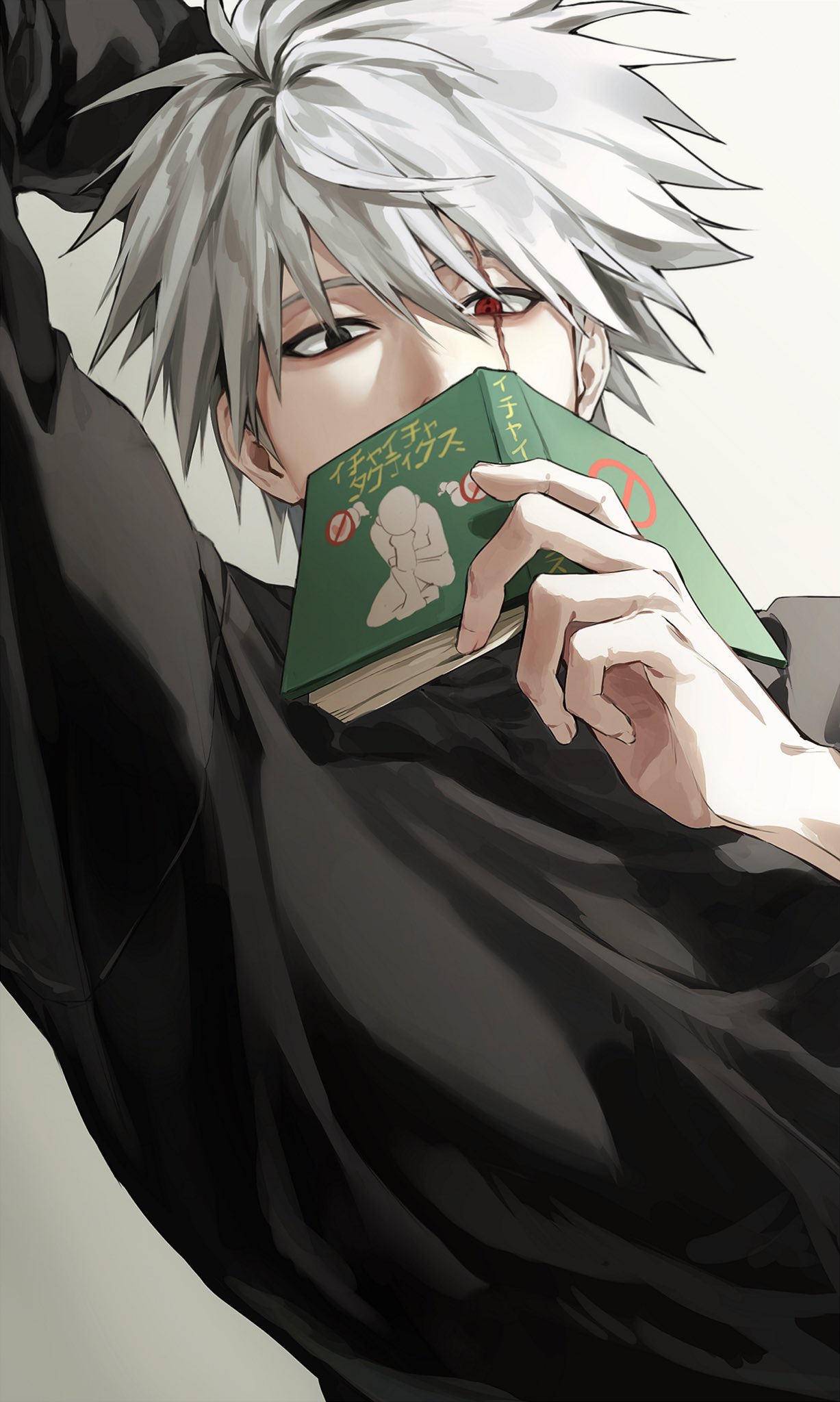 1boy, arm_up, bbangnya, black_eyes, black_shirt, book, commentary_request, grey_hair