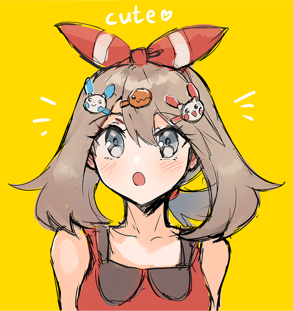 blush, brown_hair, grey_eyes, hair_ornament, heart, kashmimo, may_(pokemon), minun