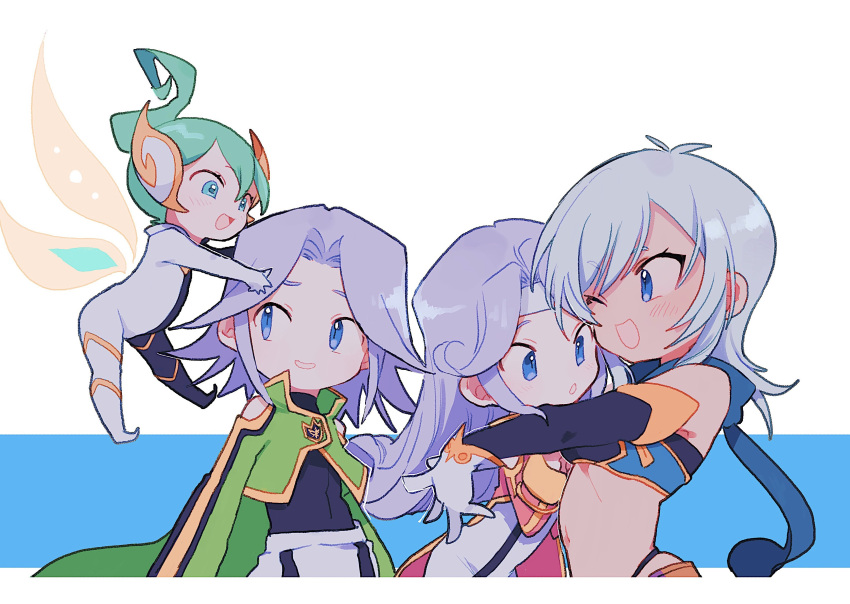 1boy, 3girls, absurdres, aqua_hair, bare_shoulders, black_shirt, blue_eyes, blue_scarf, bodysuit, bra, coat, detached_sleeves, dio_(tales), dress, etos_(tales), fairy, flipped_hair, flying, gloves, green_coat, grey_hair, hair_between_eyes, headband, highres, hug, long_hair, looking_at_another, mel_(tales), midriff, multicolored_bodysuit, multiple_girls, nancykittyu, one_eye_closed, open_mouth, pants, pencil_dress, pink_coat, ponytail, rondoline_e._effenberg, scarf, shirt, short_hair, smile, tales_of_(series), tales_of_phantasia, tales_of_phantasia:_narikiri_dungeon, tales_of_phantasia:_narikiri_dungeon_x, turtleneck, turtleneck_shirt, two-tone_bodysuit, underwear, white_dress, white_gloves, white_headband, white_pants