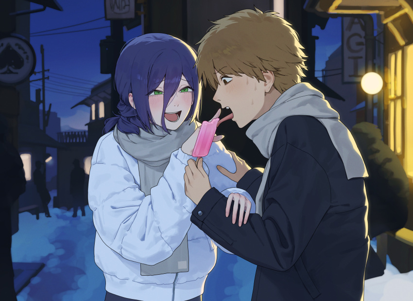 1boy, 1girl, b1026, black_jacket, blonde_hair, blue_hair, blush, brown_eyes