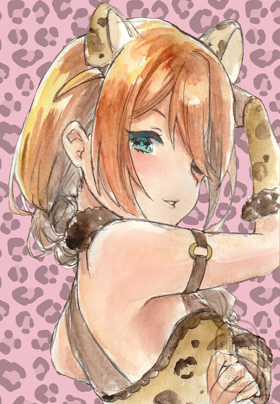 1girl, animal_ears, animal_print, aqua_eyes, arm_strap, baba_konomi, bare_shoulders, braid