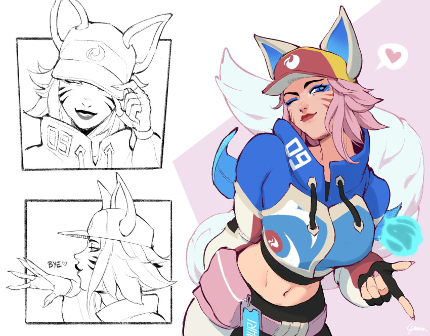 1girl, 2xko, ahri_(league_of_legends), animal_ears, baseball_cap, belt, breasts, facial_mark