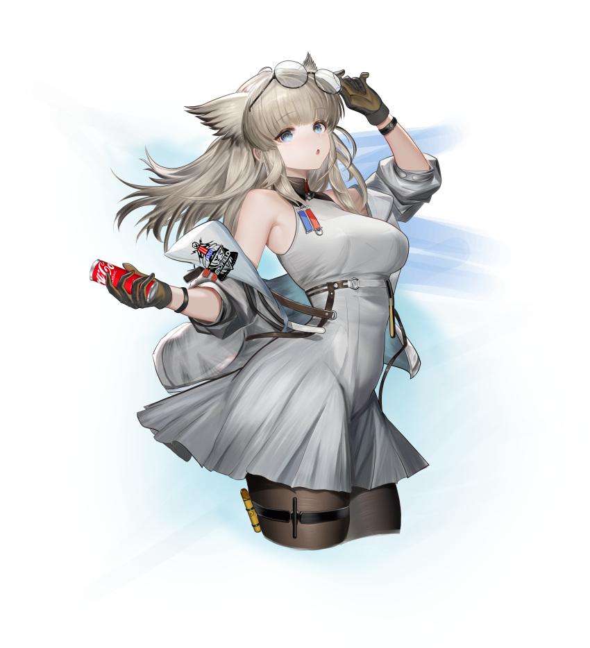 1girl, absurdres, adjusting_eyewear, animal_ears, arknights, arknights:_endfield, bird_ears, bird_girl, black_pantyhose, blue_eyes, brown_hair, can, chinese_commentary, commentary_request, cropped_legs, dress, drink_can, endfield_industries_logo, eyewear_on_head, grey_dress, highres, holding, holding_can, impossible_clothes, impossible_dress, jacket, looking_at_viewer, off_shoulder, open_clothes, open_jacket, pantyhose, parted_lips, perlica_(arknights), round_eyewear, soda_can, solo, thigh_strap, turtleneck, turtleneck_dress, two-sided_gloves, white_background, wonderkeyu, wrist_belt, yellow_pupils