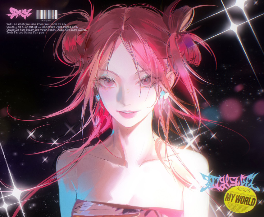 1girl, aespa, barcode, bare_shoulders, black_background, blue_eyeshadow, breasts, butterfly_earrings, collarbone, commentary, copyright_name, double_bun, earrings, english_commentary, english_text, eyeshadow, floating_hair, hair_bun, highres, jewelry, k-pop, karina_(aespa), lens_flare, looking_ahead, makeup, medium_breasts, parted_lips, pink_eyes, pink_hair, pink_lips, pink_tube_top, portrait, real_life, smile, solo, song_name, sparkle, spicy_(aespa), strapless, tube_top, watermark, weibo_watermark, zhanzhan_lan