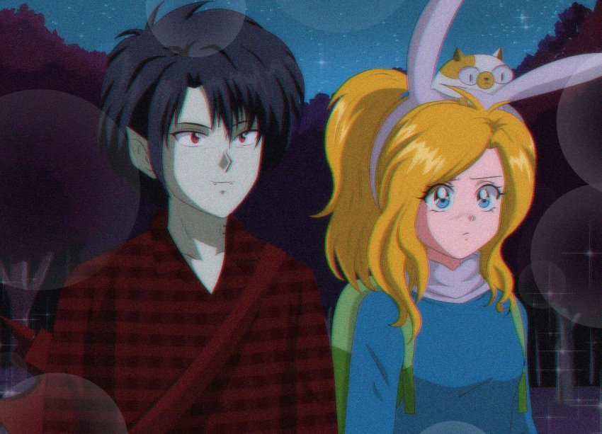 1990s_(style), 1boy, 2girls, adventure_time, adventure_time:_fionna_and_cake, animal_hood, animification, backpack