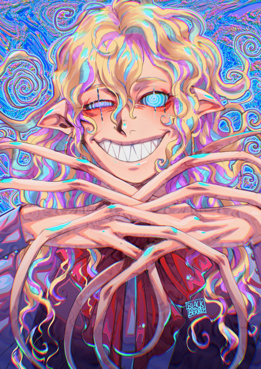 1boy, blackberreh-art, blonde_hair, blue_eyes, curly_hair, design_speculation, distortion_(tma), earrings