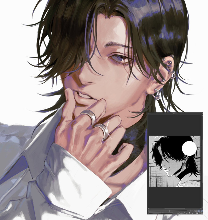 1boy, art_program_in_frame, barbell_piercing, black_choker, black_hair, choker, collared_shirt, commentary