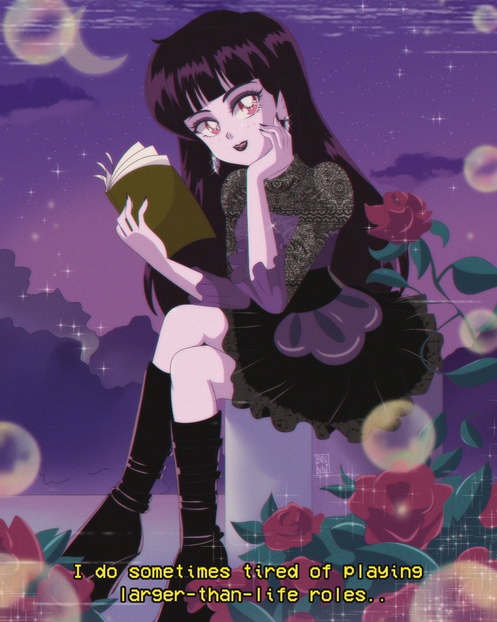 1990s_(style), animification, black_hair, book, brenni_murasaki, clip_studio_paint_(medium), colored_skin, dress